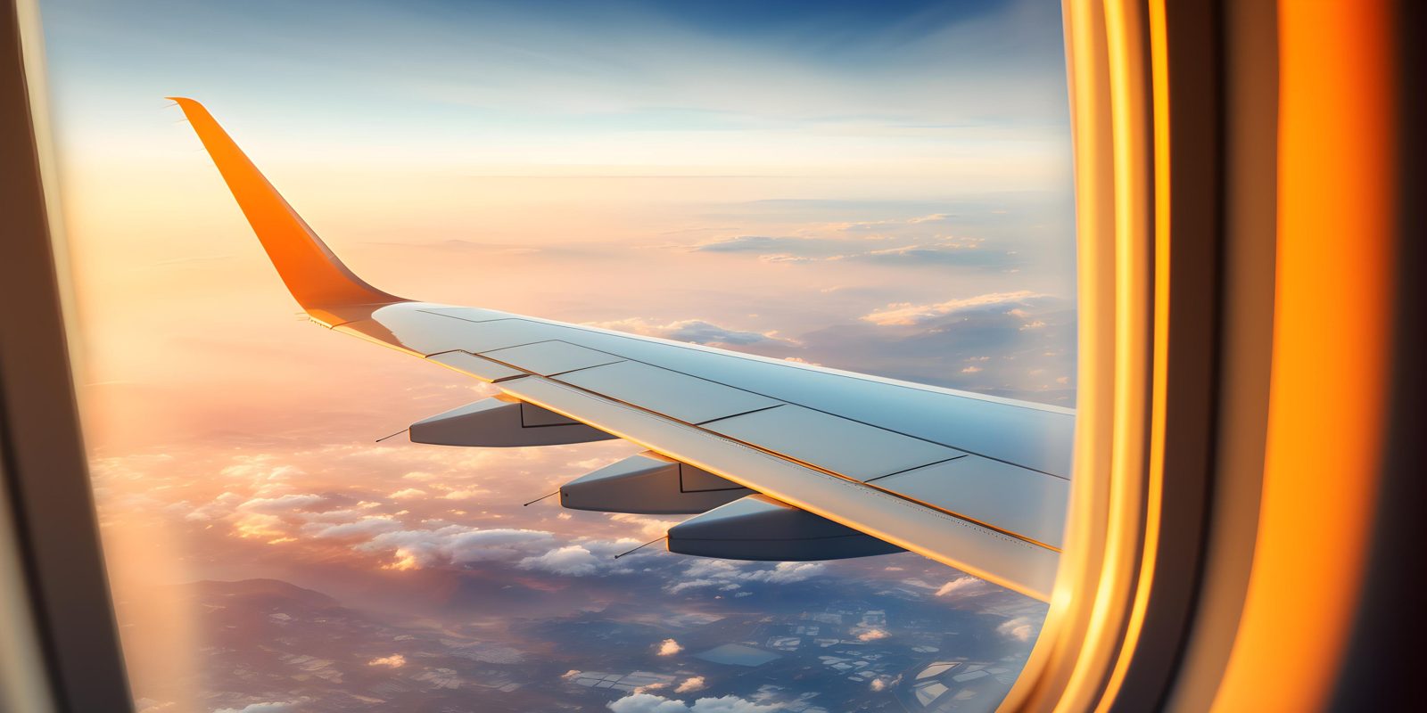 Asa de avião sobre as nuvens ao pôr do sol